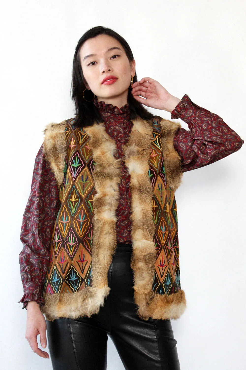 1960s Fur Trim Afghan Vest S