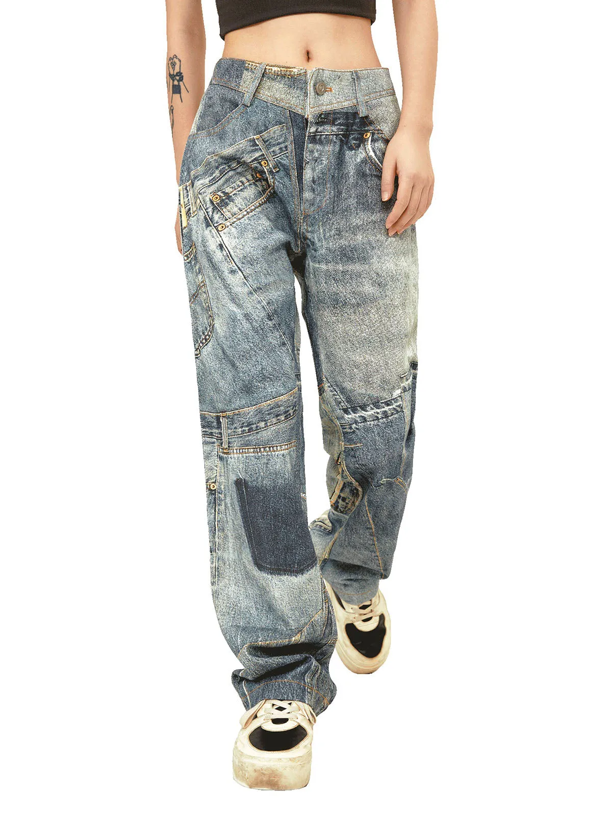 1984 Street Hip-Hop Deconstructed Print Jeans