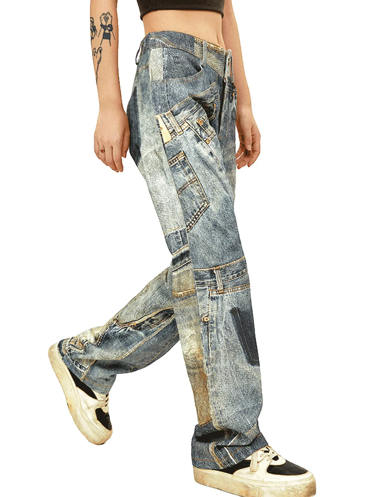 1984 Street Hip-Hop Deconstructed Print Jeans