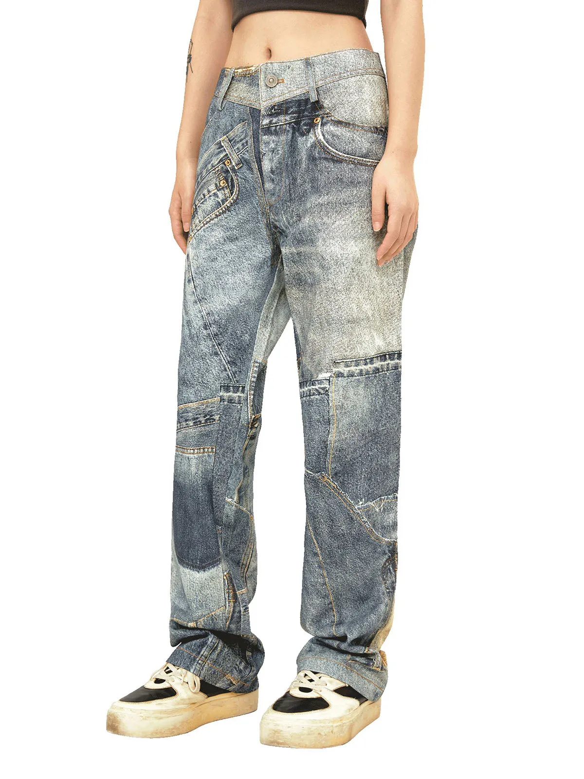 1984 Street Hip-Hop Deconstructed Print Jeans