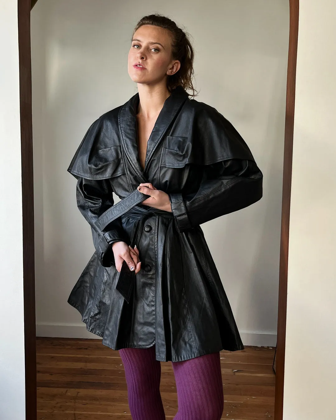 80s Belted Black Leather Jacket | S-M