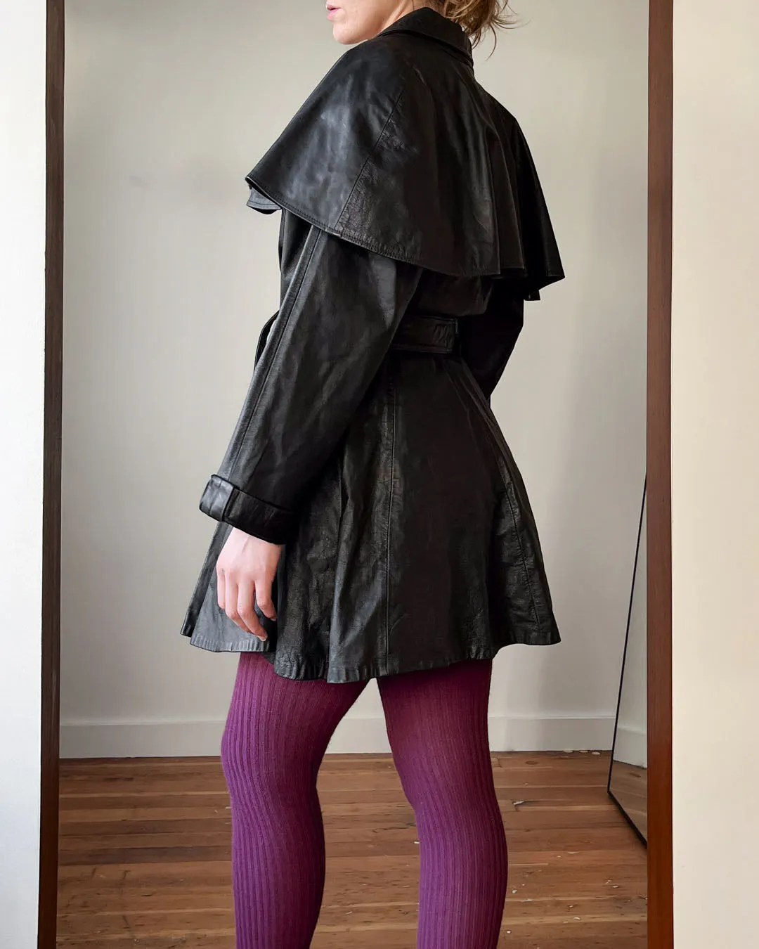 80s Belted Black Leather Jacket | S-M