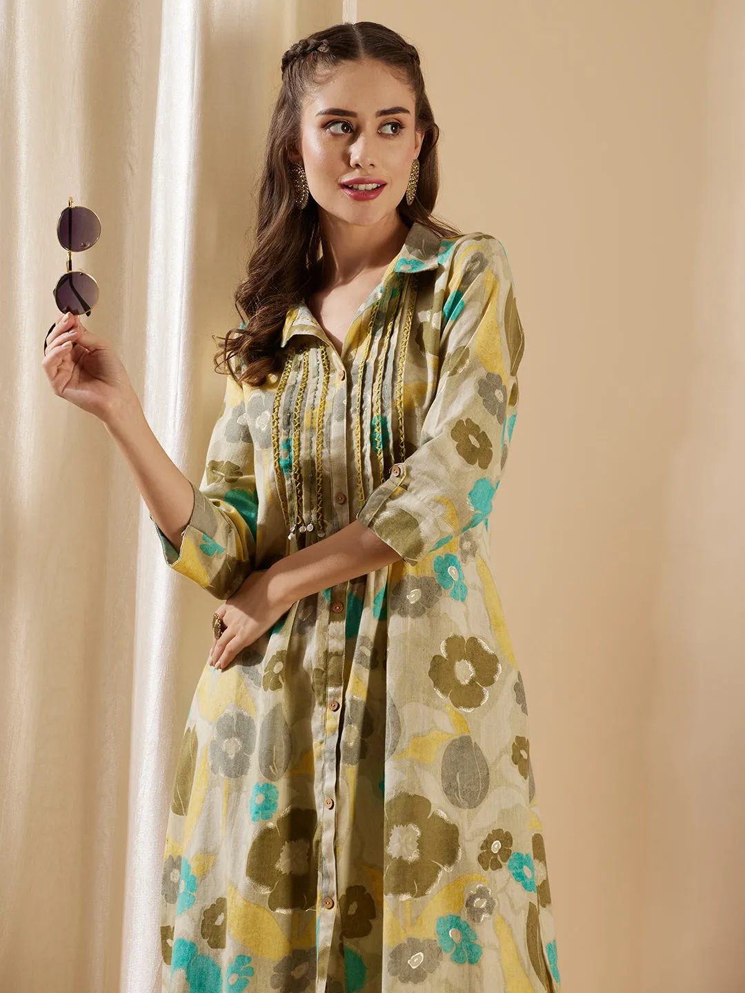 Abstract Floral Foil Printed & Embroidered A-Line Co-ord Set - Dull Green