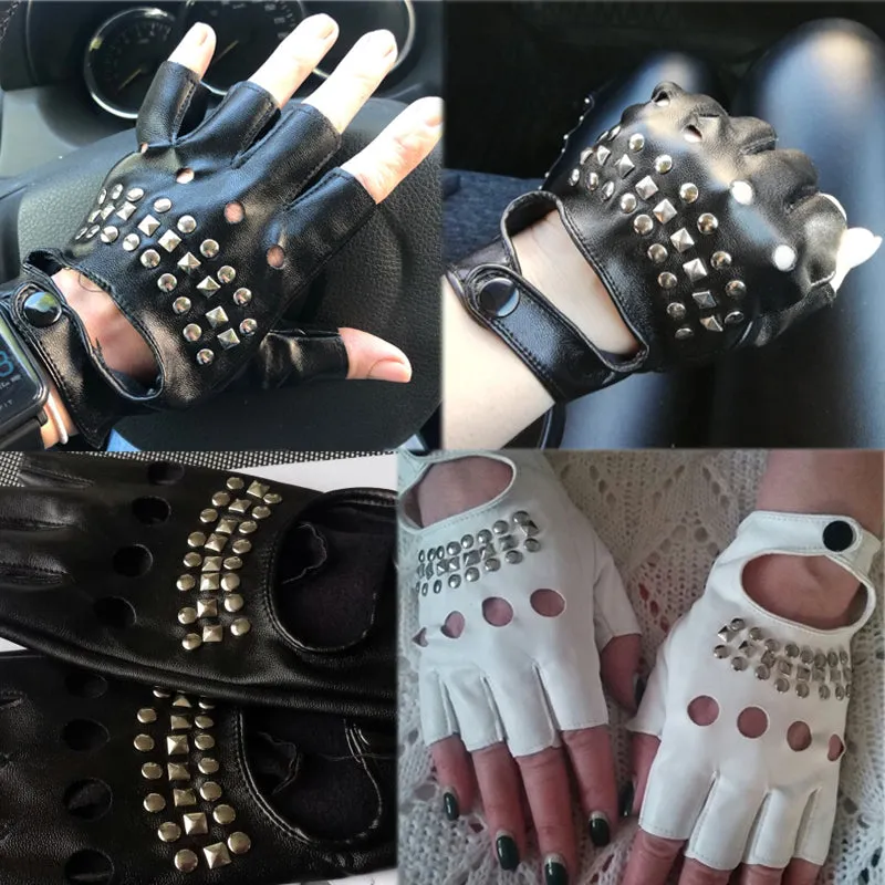 Alternative Fashion Half Finger Punk Women Gloves / PU Leather Fingerless Gloves Women Black white