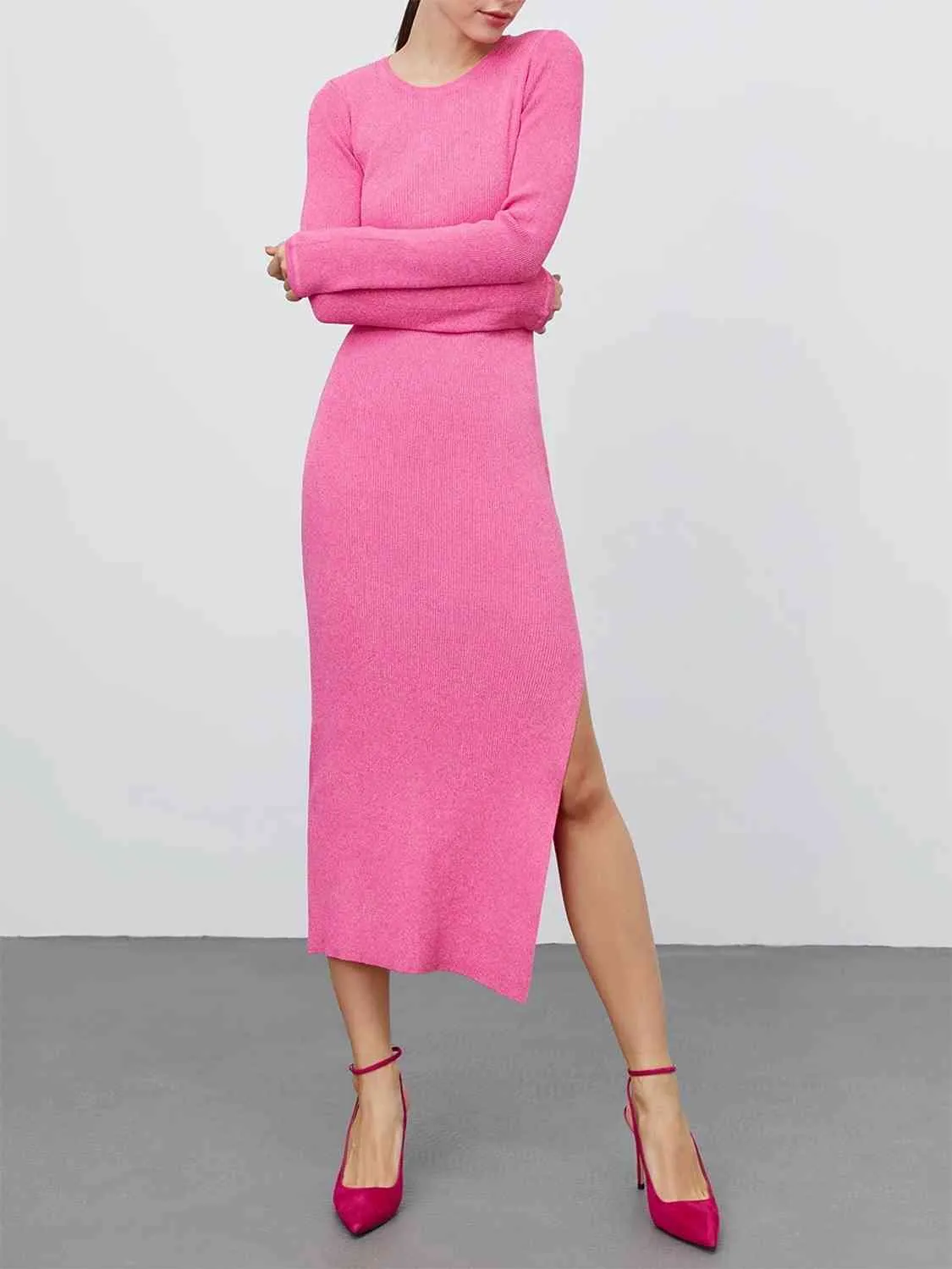 Autoamerican 80's Round Neck Side Slit Sweater Dress