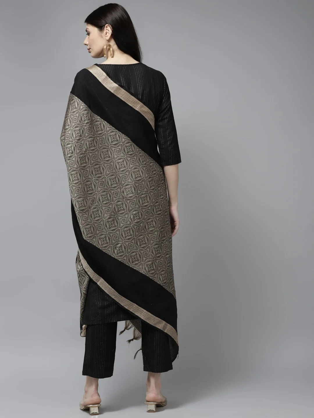 Black Cotton Embroidered Dupatta Set