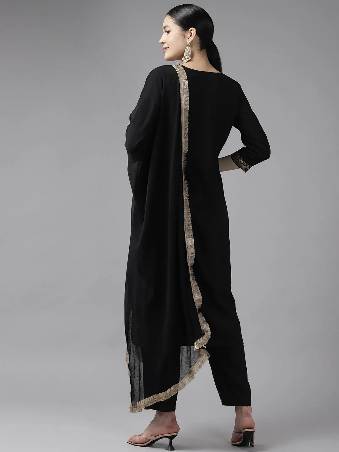 Black Ethnic Motifs Printed Straight Cotton Dupatta Set