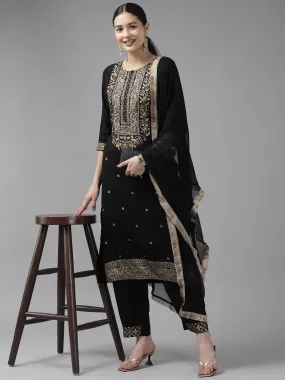 Black Ethnic Motifs Printed Straight Cotton Dupatta Set