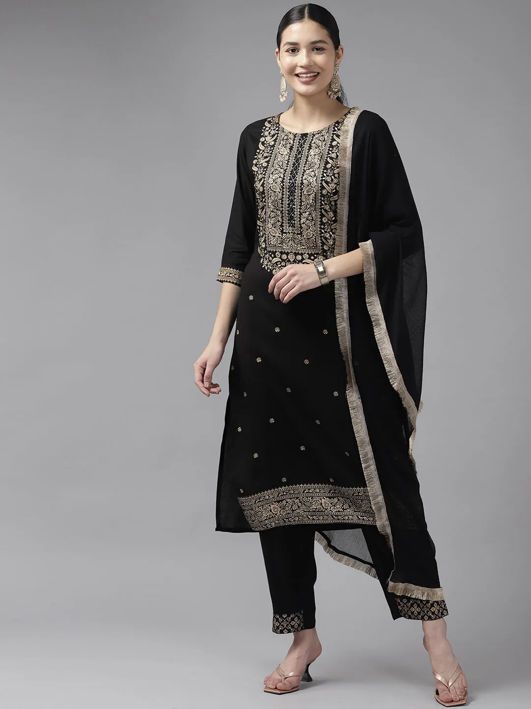 Black Ethnic Motifs Printed Straight Cotton Dupatta Set