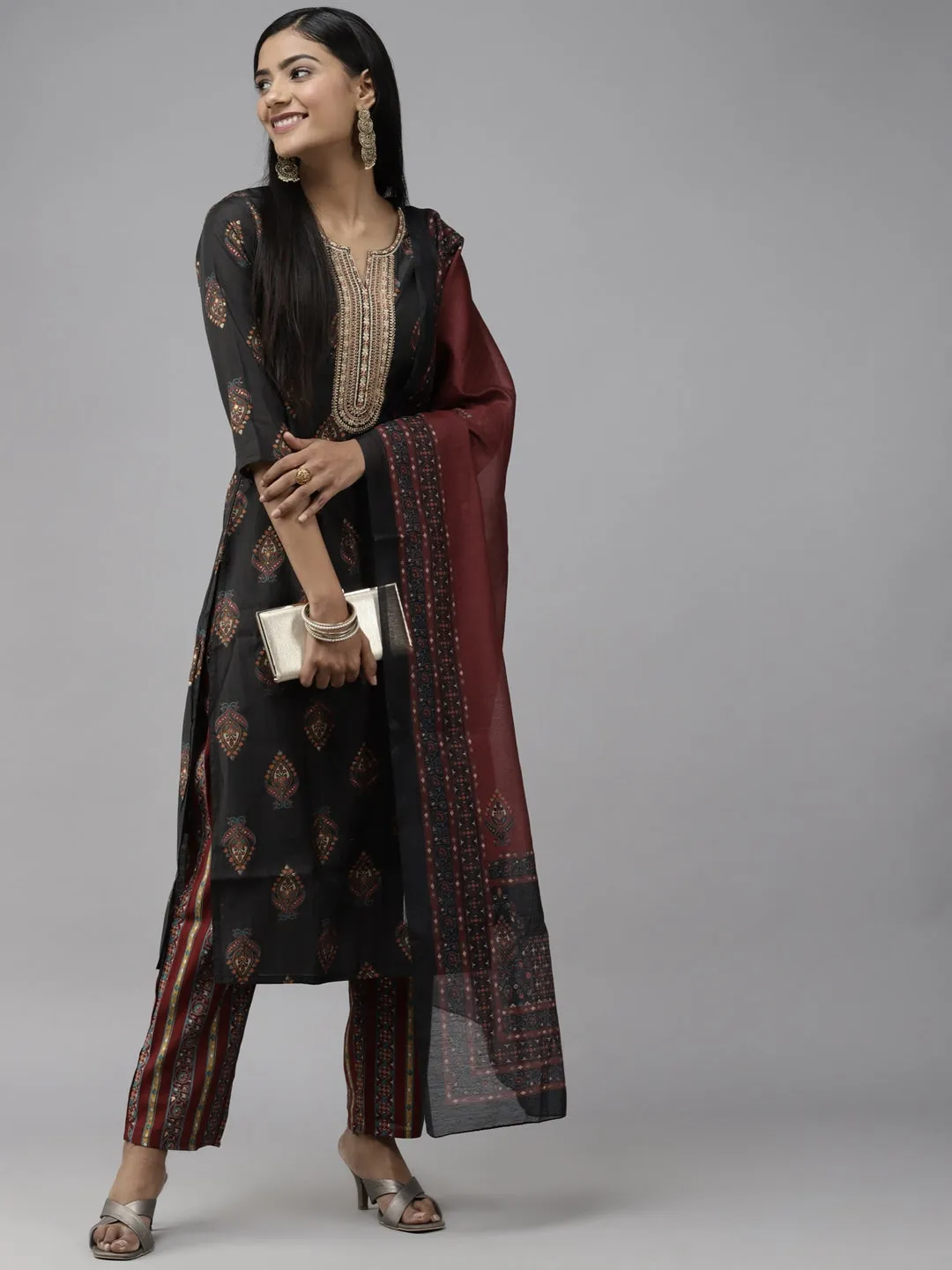 Black Ethnic Yoke Design Dupatta Set