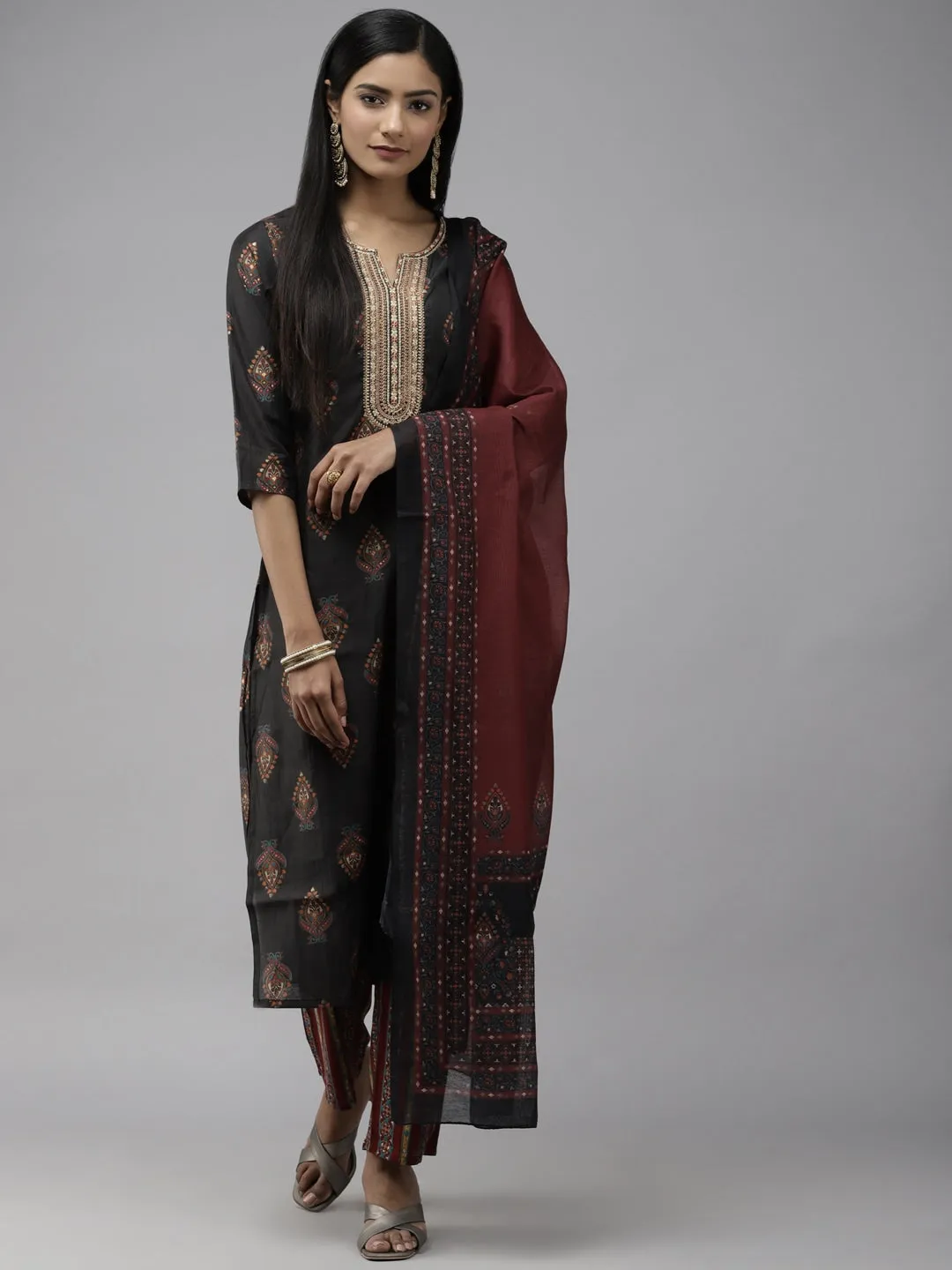 Black Ethnic Yoke Design Dupatta Set