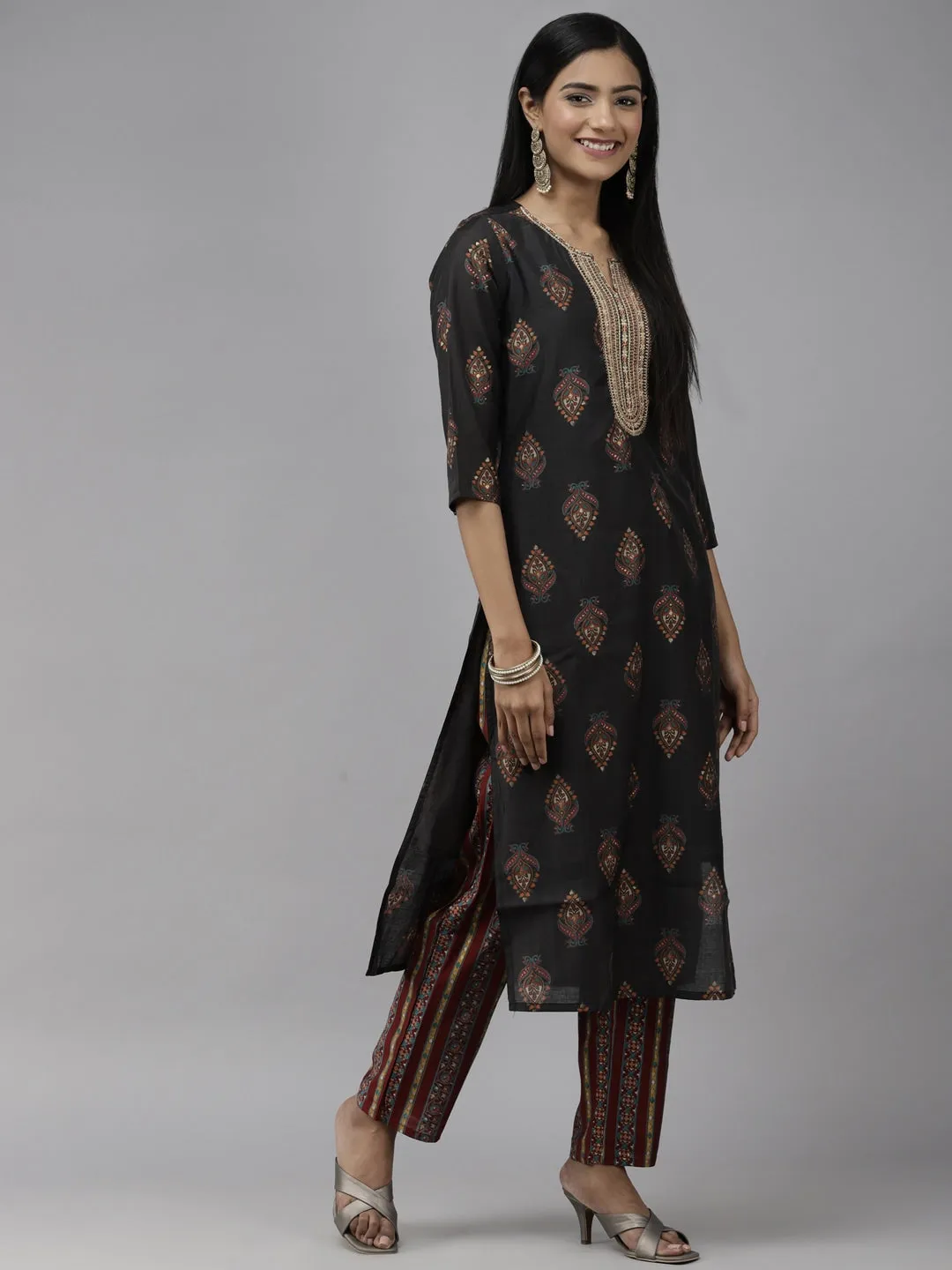 Black Ethnic Yoke Design Dupatta Set