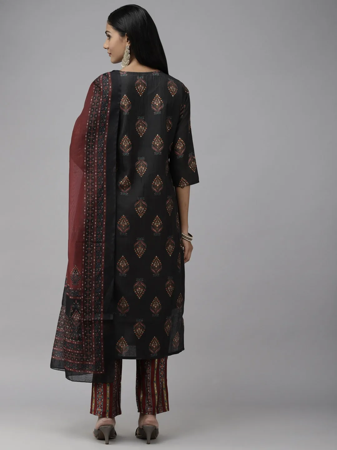 Black Ethnic Yoke Design Dupatta Set