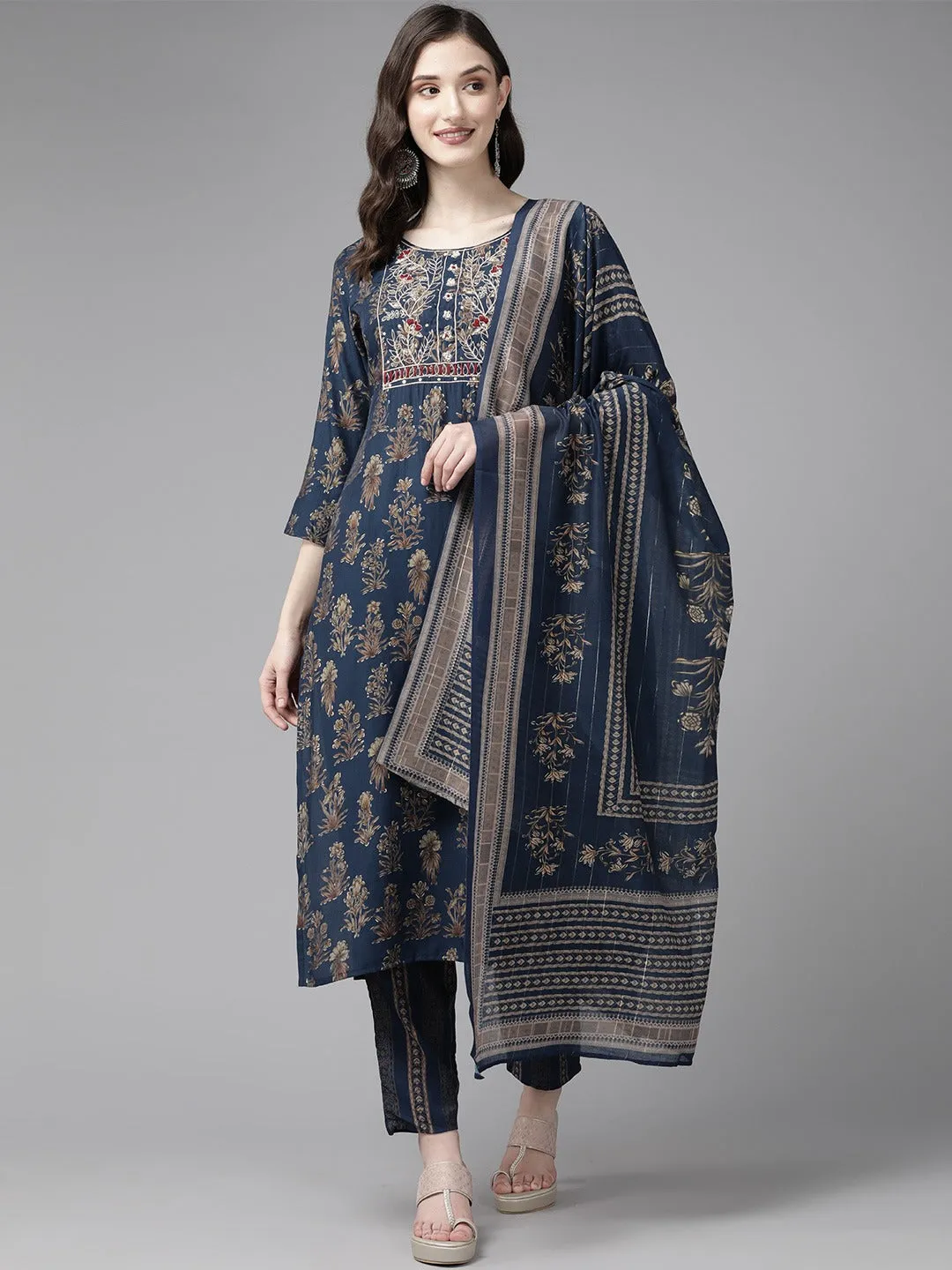 Blue Ethnic Motifs Printed Quarter Sleeves Dupatta Set