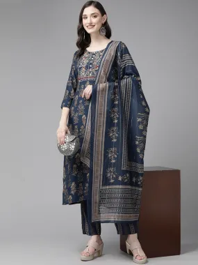 Blue Ethnic Motifs Printed Quarter Sleeves Dupatta Set