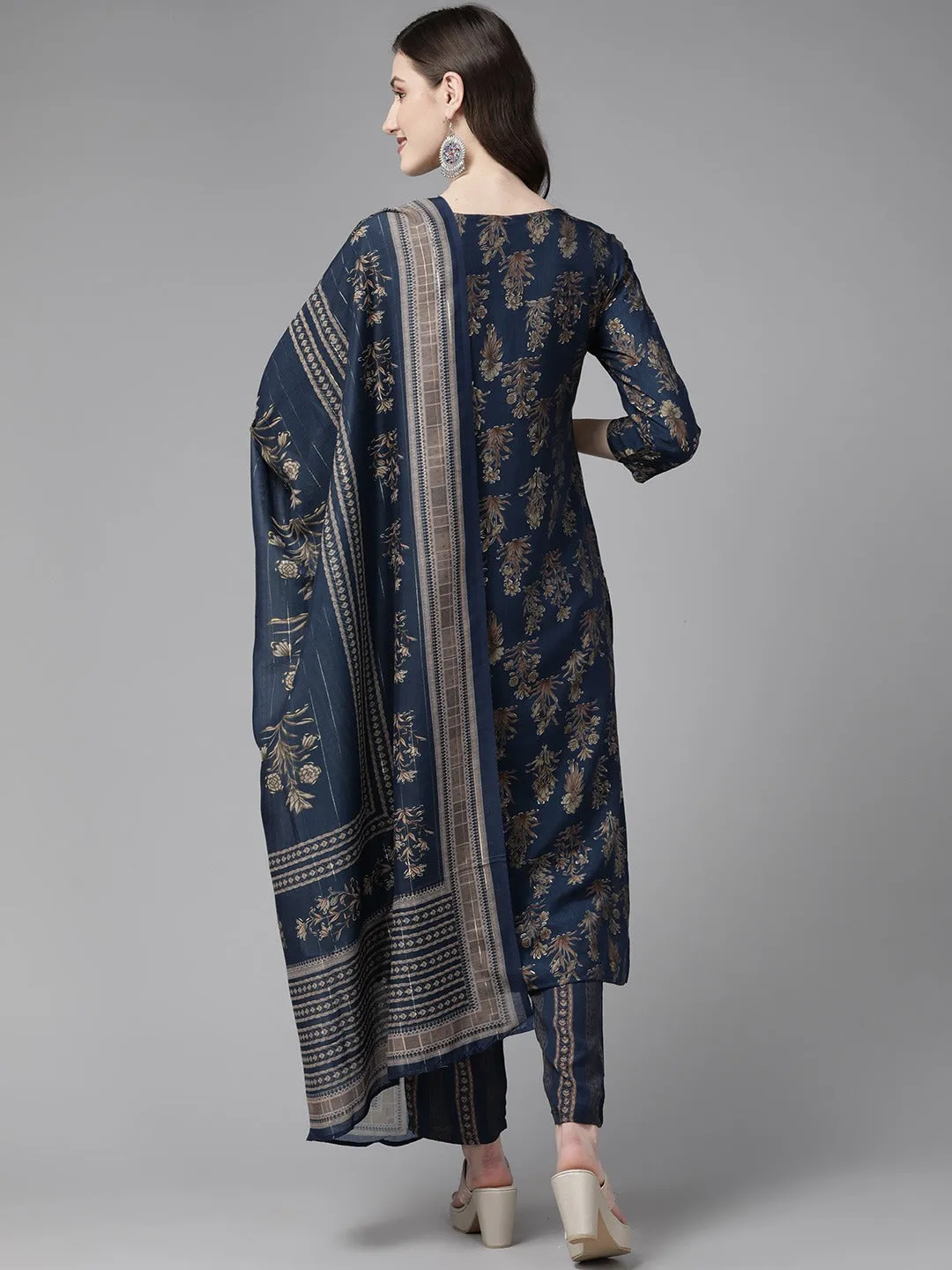 Blue Ethnic Motifs Printed Quarter Sleeves Dupatta Set