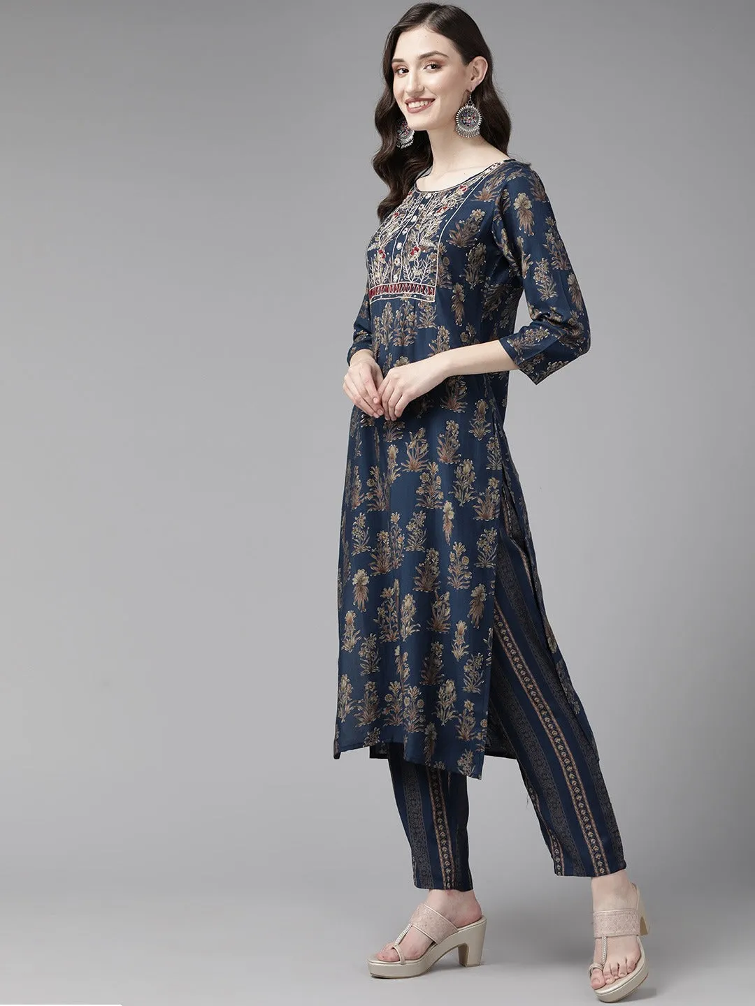 Blue Ethnic Motifs Printed Quarter Sleeves Dupatta Set