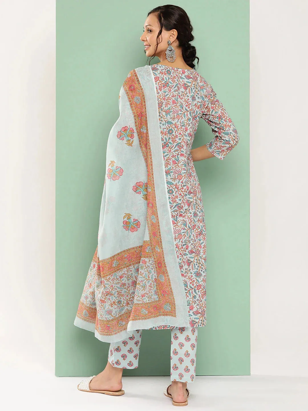 Blue Floral Embroidered Cotton Kurta Dupatta Set