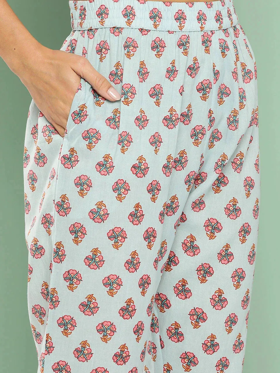 Blue Floral Embroidered Cotton Kurta Dupatta Set