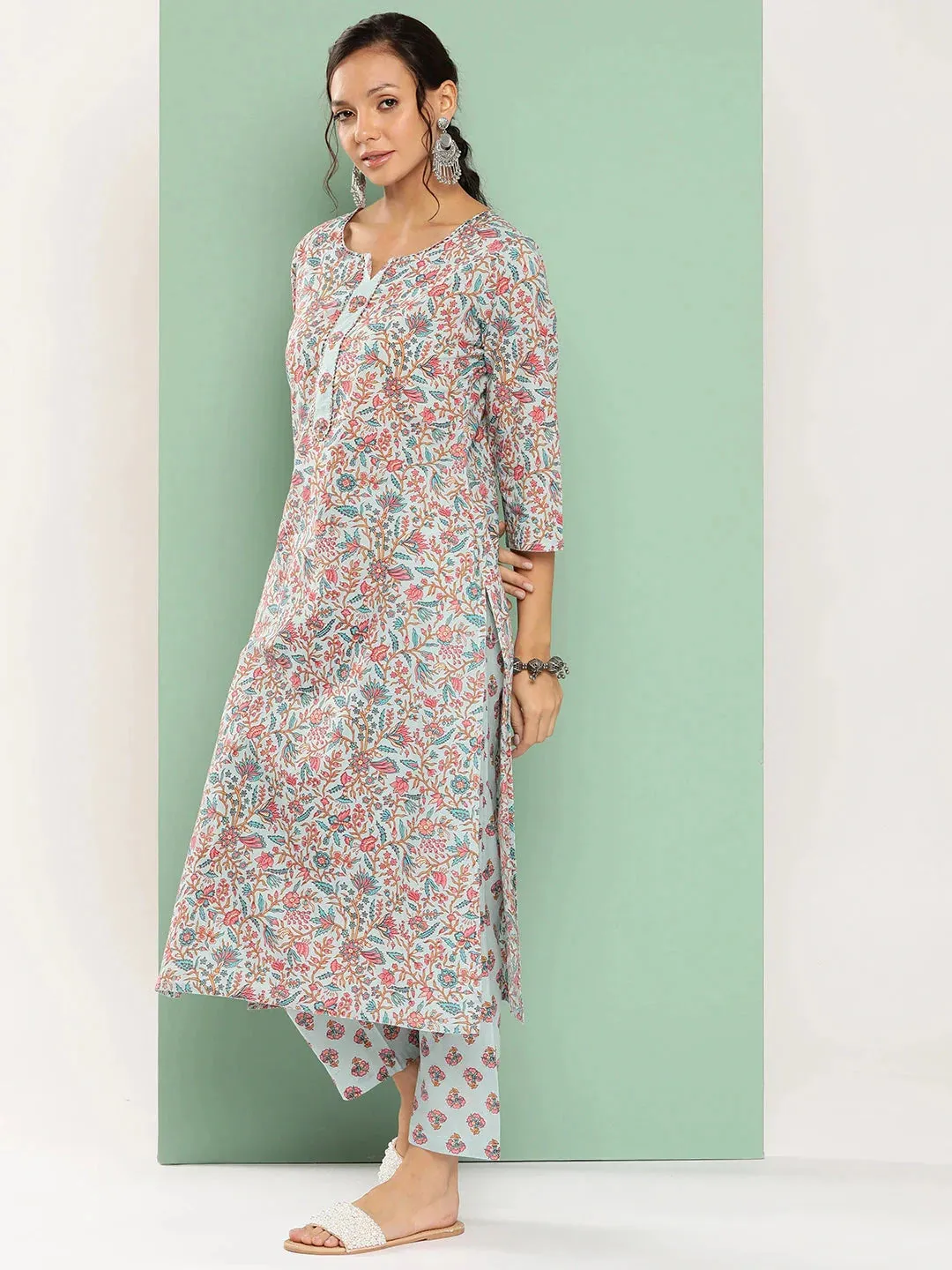 Blue Floral Embroidered Cotton Kurta Dupatta Set