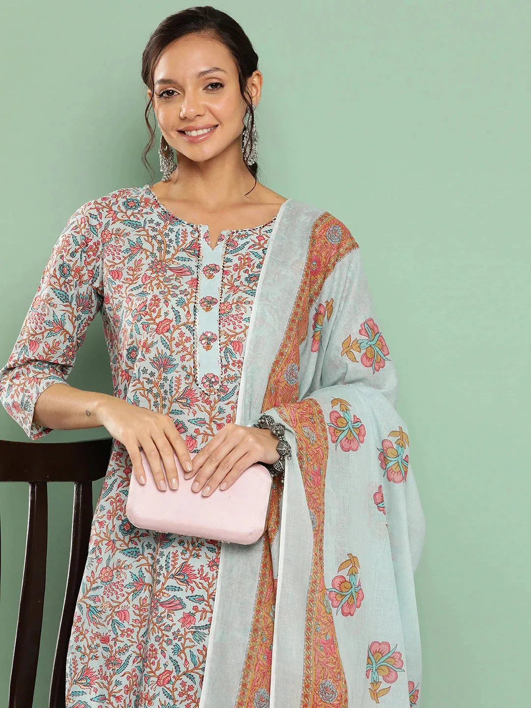 Blue Floral Embroidered Cotton Kurta Dupatta Set