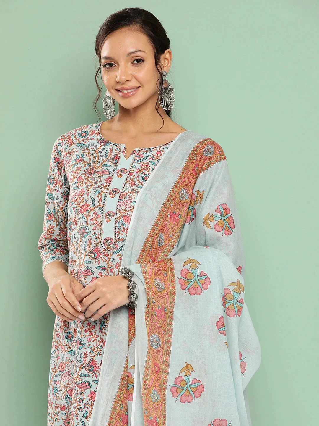 Blue Floral Embroidered Cotton Kurta Dupatta Set