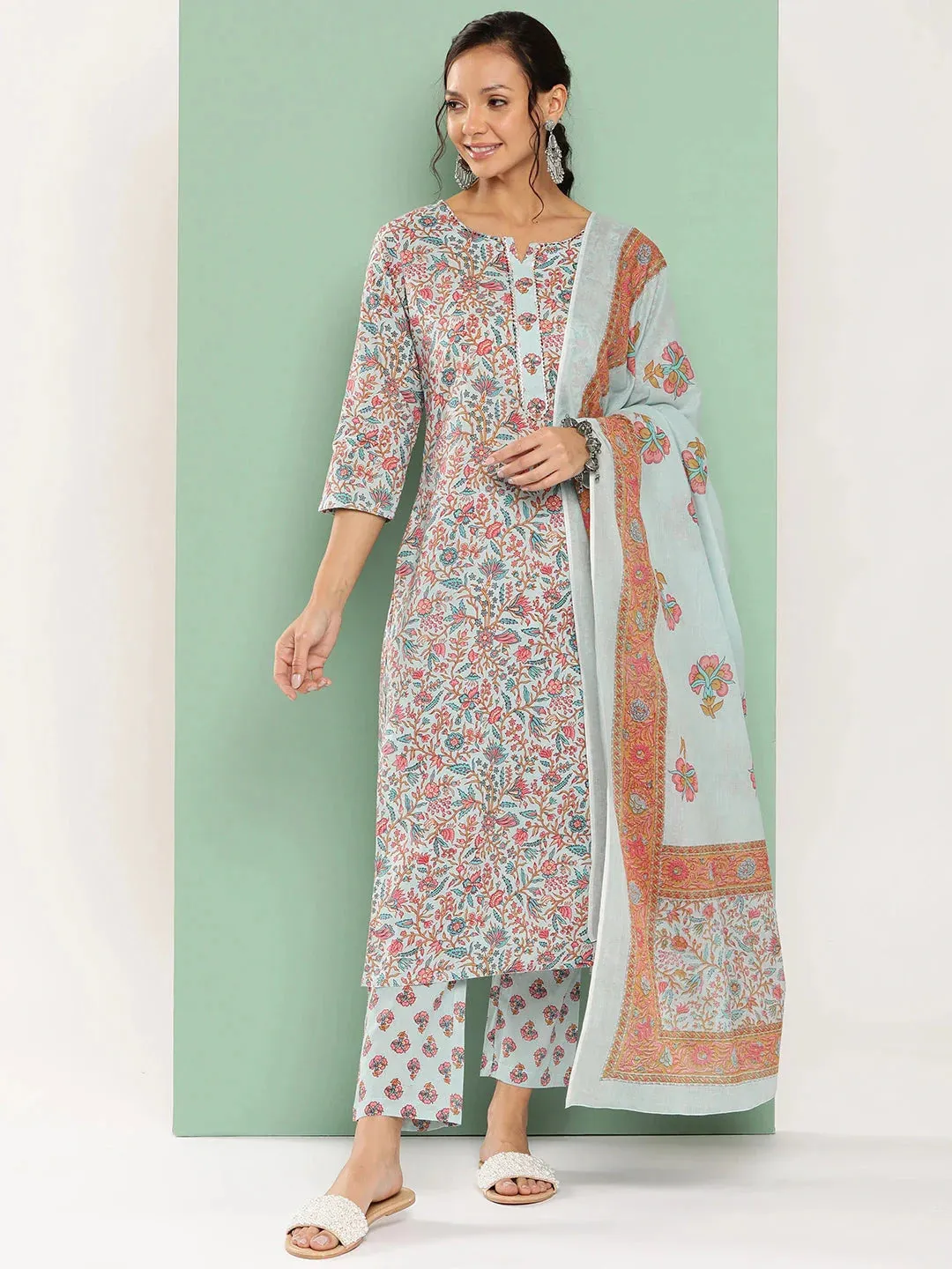 Blue Floral Embroidered Cotton Kurta Dupatta Set
