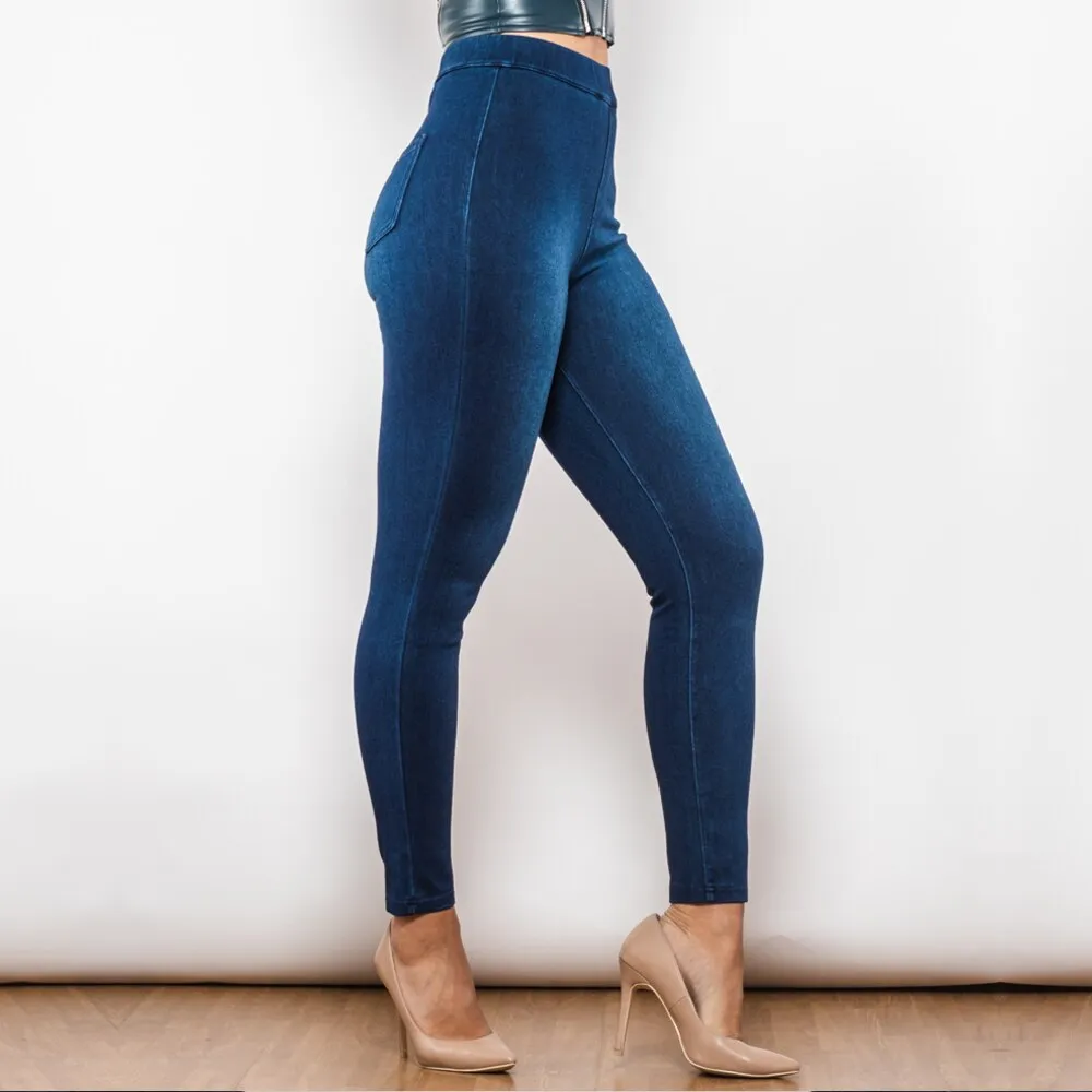Blue High Waist Pull On Jeggings