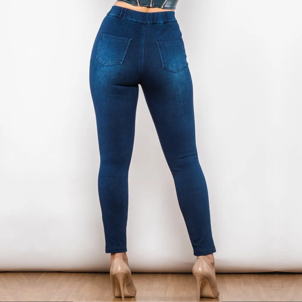 Blue High Waist Pull On Jeggings