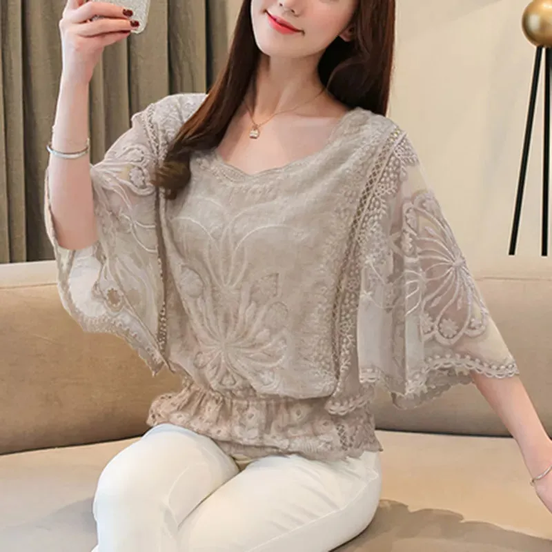 Butterfly Flower Chiffon Cotton Lace Trim Blouse