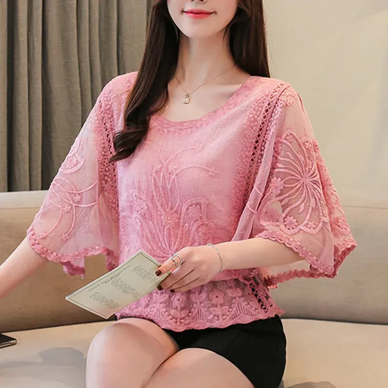 Butterfly Flower Chiffon Cotton Lace Trim Blouse