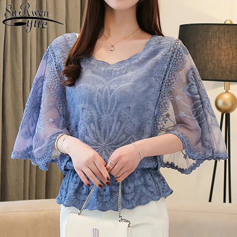 Butterfly Flower Chiffon Cotton Lace Trim Blouse