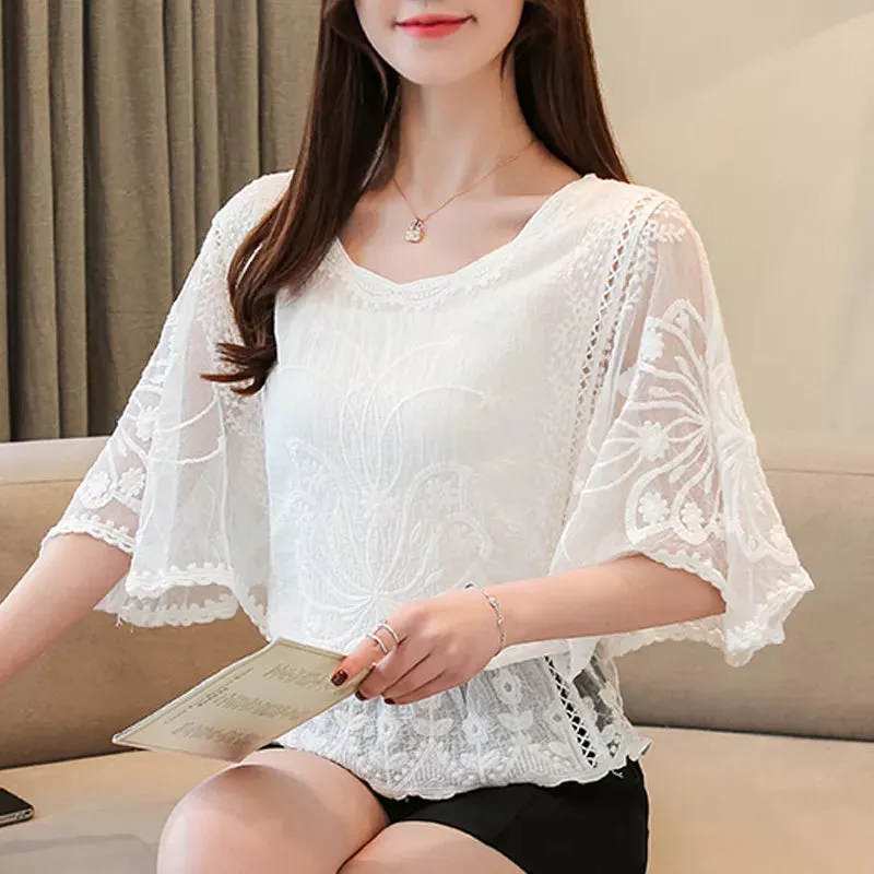 Butterfly Flower Chiffon Cotton Lace Trim Blouse