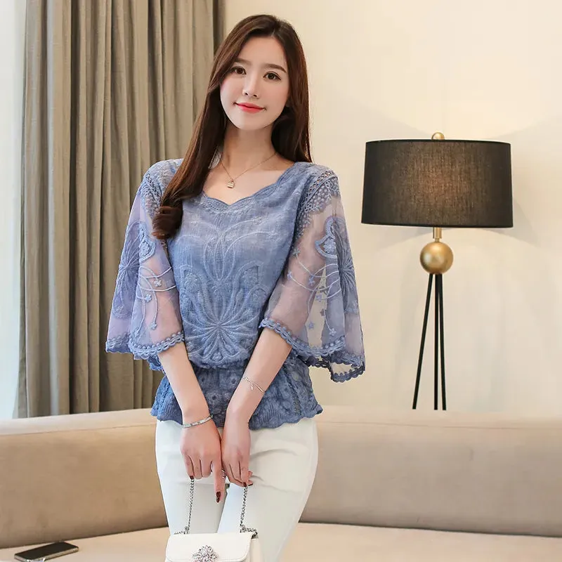 Butterfly Flower Chiffon Cotton Lace Trim Blouse