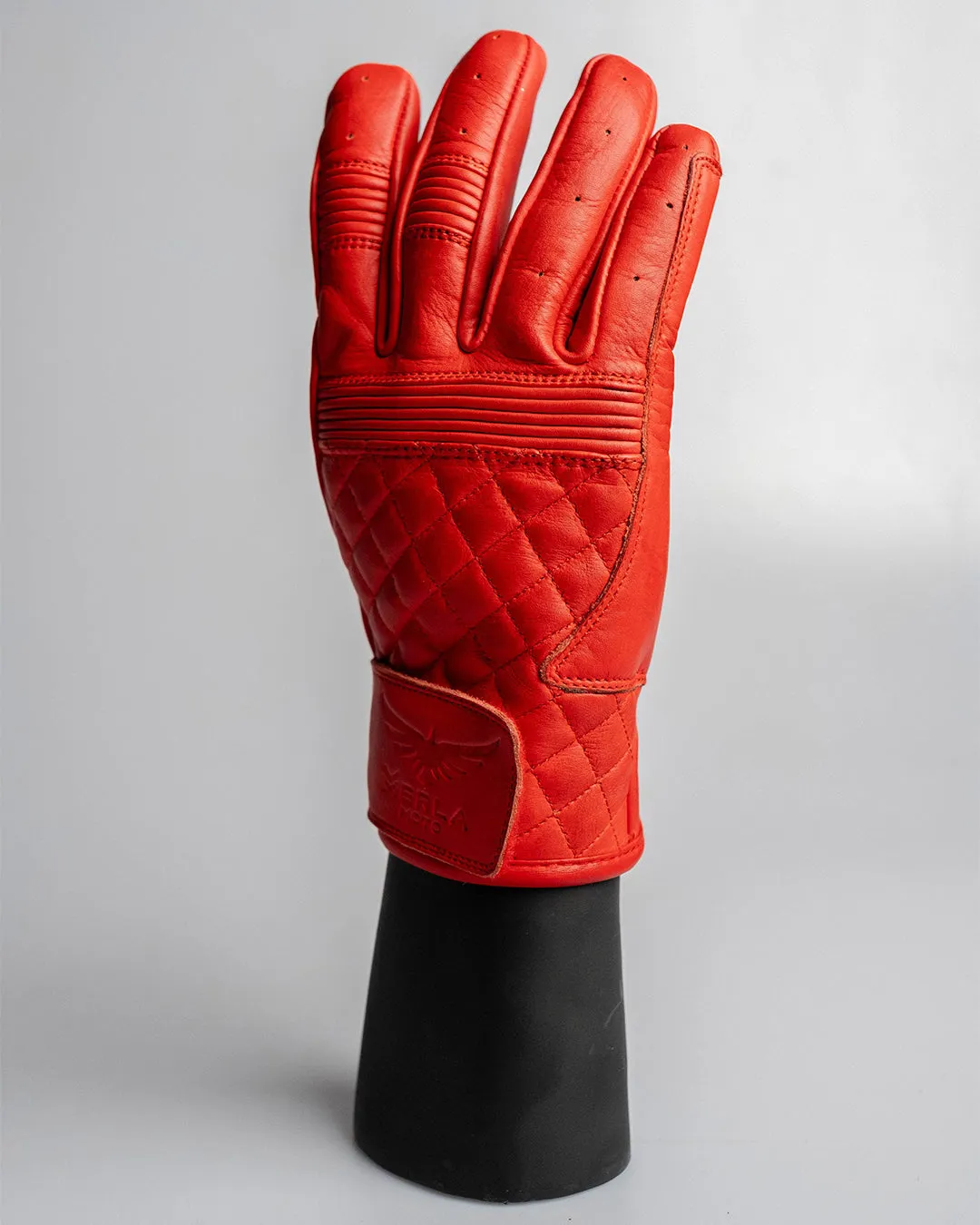 Cafe Quilted Leather Motorcycle Gloves - Red