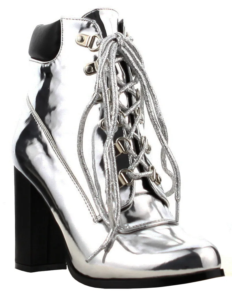 Cape Robbin Women's Padded Collar Lace-Up Chunky Stacked Block Heel Ankle Bootie