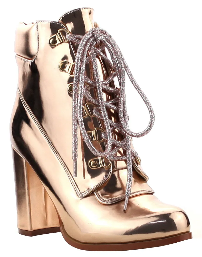 Cape Robbin Women's Padded Collar Lace-Up Chunky Stacked Block Heel Ankle Bootie