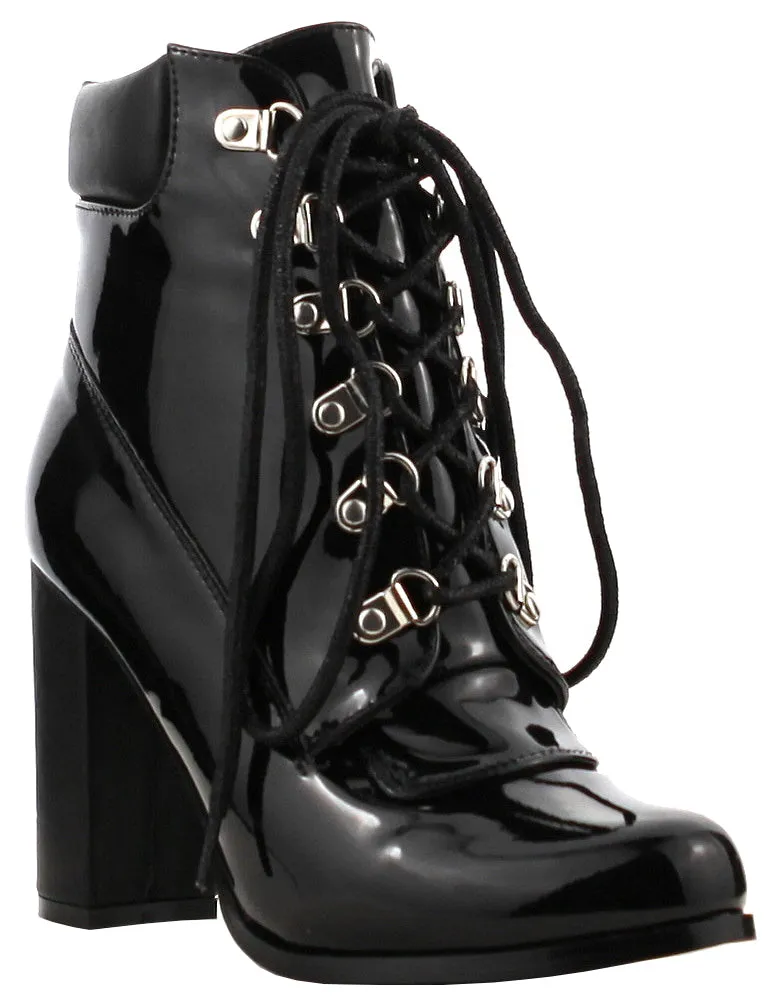 Cape Robbin Women's Padded Collar Lace-Up Chunky Stacked Block Heel Ankle Bootie