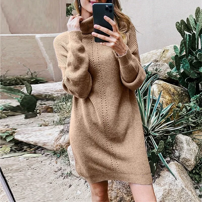 Casual Knitted Turtleneck Office Pullover Sweater Mini Dress