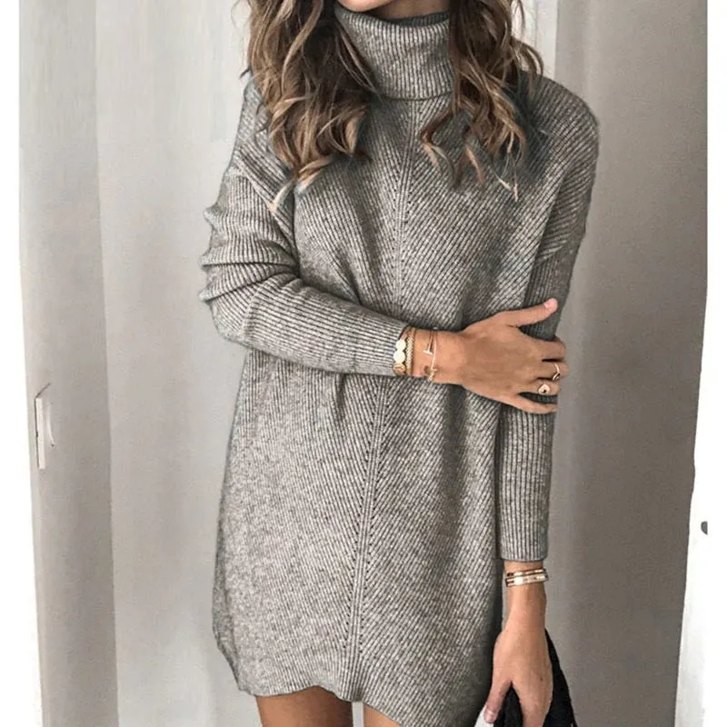 Casual Knitted Turtleneck Office Pullover Sweater Mini Dress