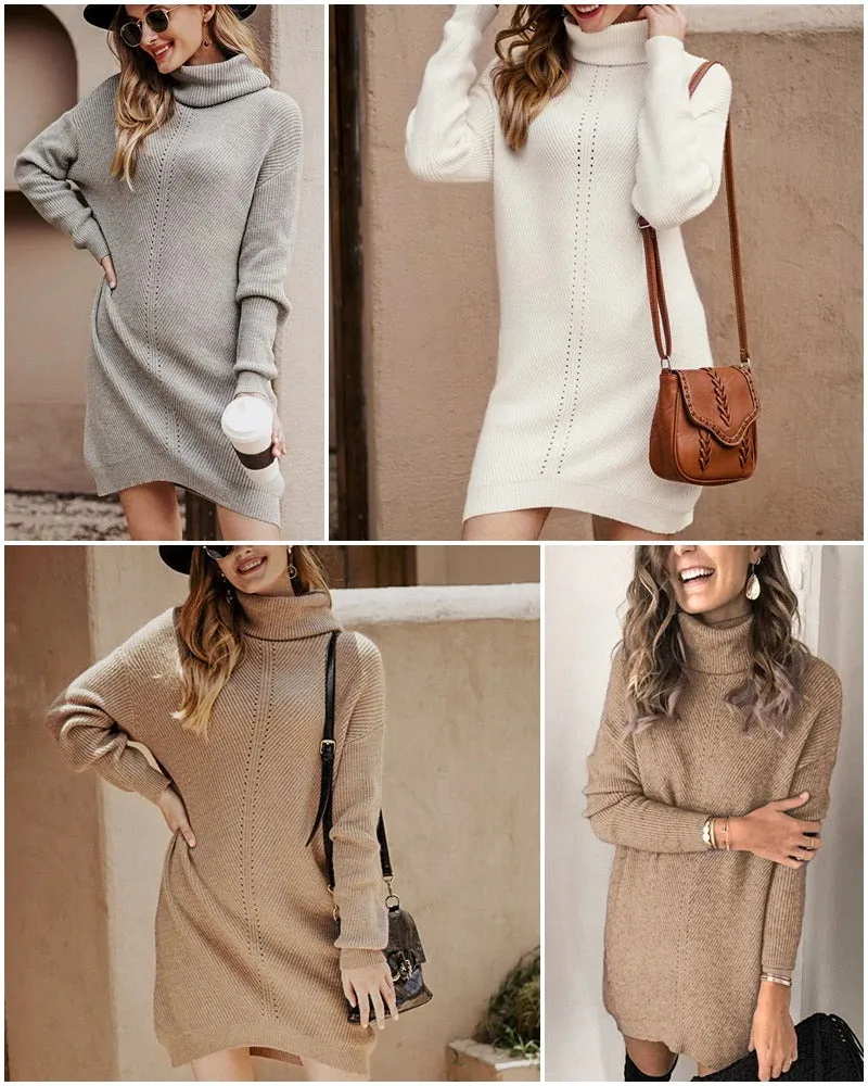 Casual Knitted Turtleneck Office Pullover Sweater Mini Dress