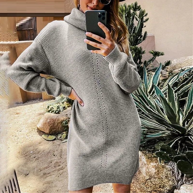 Casual Knitted Turtleneck Office Pullover Sweater Mini Dress