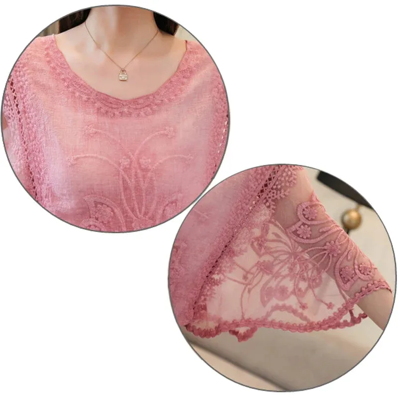 Chiffon Cotton Edge Lace Butterfly Flower Blouse