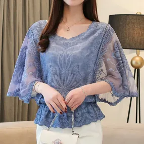Chiffon Cotton Edge Lace Butterfly Flower Blouse
