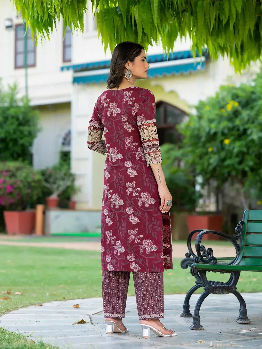 Cotton Printed Pakistani Maroon Kurta Dupatta Set With Lace Work