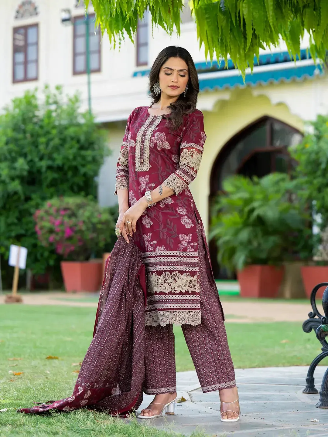 Cotton Printed Pakistani Maroon Kurta Dupatta Set With Lace Work