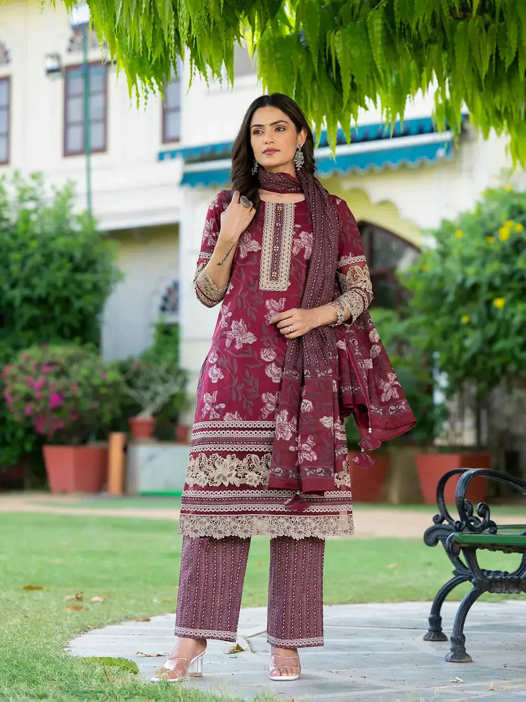 Cotton Printed Pakistani Maroon Kurta Dupatta Set With Lace Work