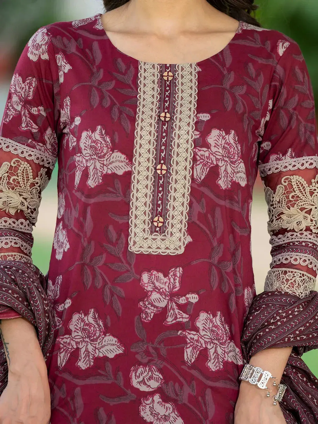 Cotton Printed Pakistani Maroon Kurta Dupatta Set With Lace Work