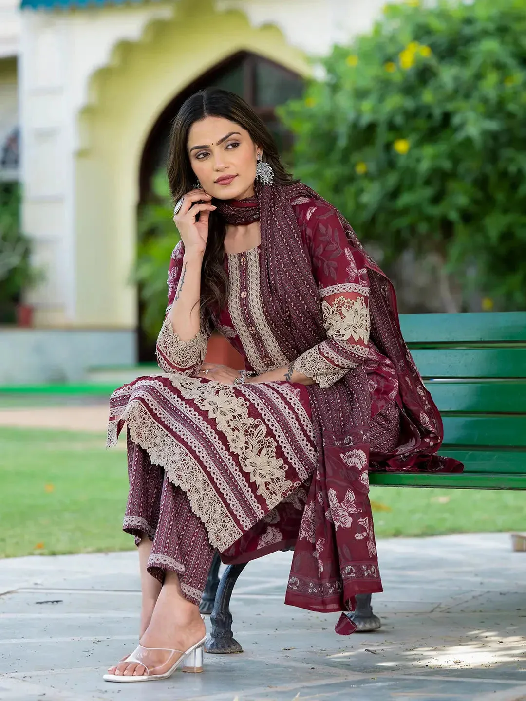 Cotton Printed Pakistani Maroon Kurta Dupatta Set With Lace Work