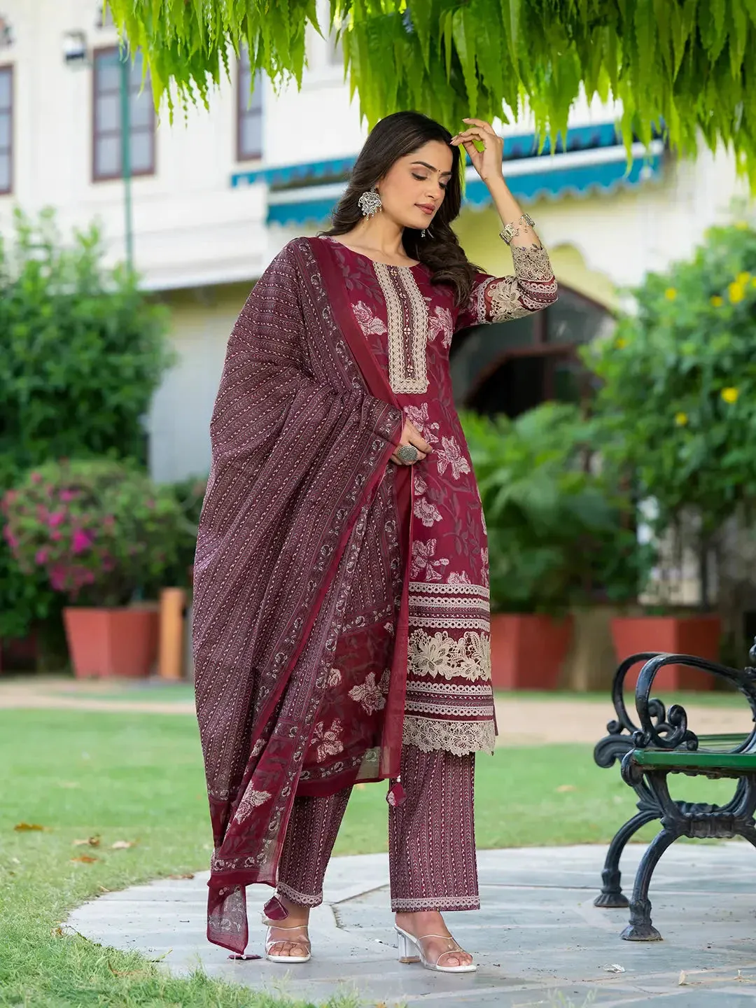 Cotton Printed Pakistani Maroon Kurta Dupatta Set With Lace Work